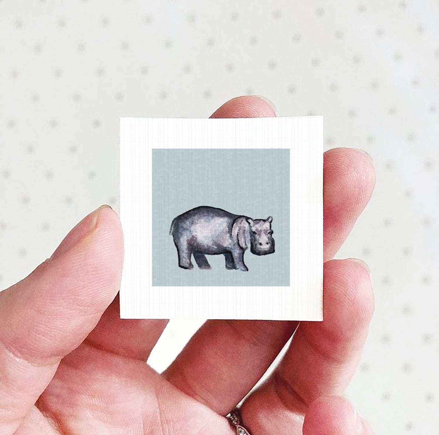 A hand holding a small square picture of a hippopotamus against a light blue background.