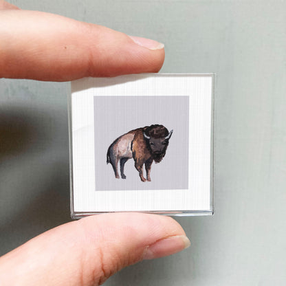 A person's hand is holding a small square picture of a bison.