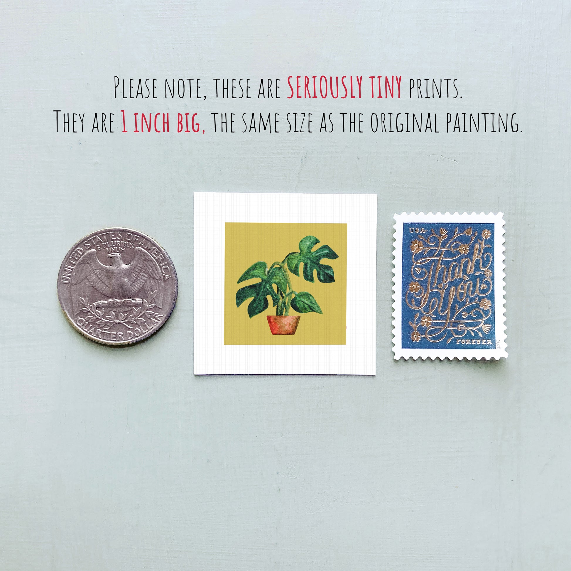 three small prints: a silver coin, a square print of a plant, and a blue postage stamp.