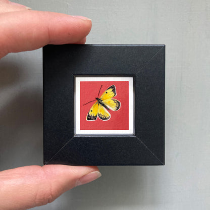 A person's hand is holding a small black frame containing a vibrant painting of a yellow butterfly against a red background.
