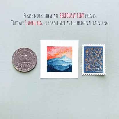 three small artworks: a coin, a postcard, and a painting. The coin is described as a "QUARTER DOLLAR" and the postcard is described as a "Thank You" postcard. The painting is described as a "seriously tiny print" and is shown to be 1 inch big, the same size as the original painting.