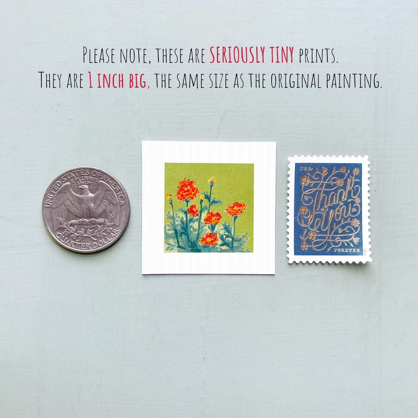 three small artworks: a silver coin, a square painting of flowers, and a blue postage stamp.