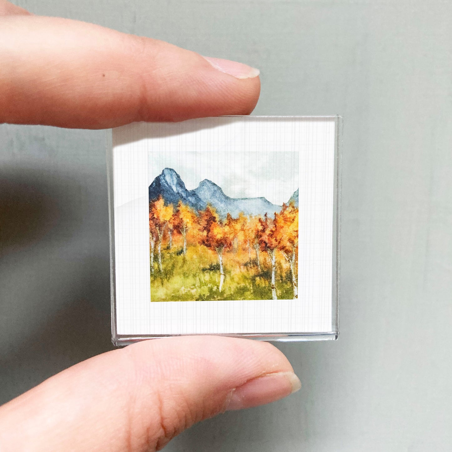 A person's hand holding a small square picture of a mountain landscape with autumn trees.