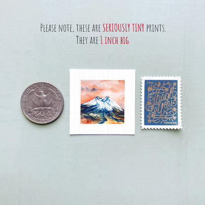 a collection of three small items: a United States quarter, a watercolor painting of a mountain, and a postage stamp.