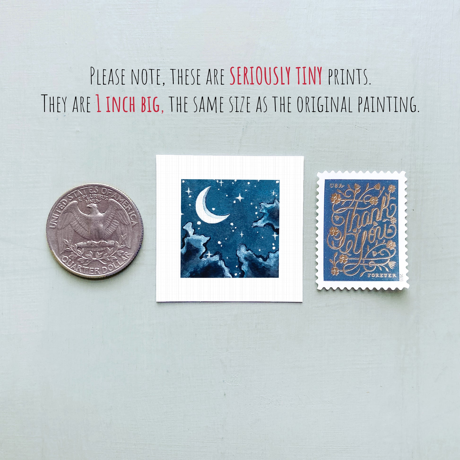 three tiny prints and a coin, all of which are 1 inch in size and are described as "seriously tiny prints" and "the same size as the original painting".