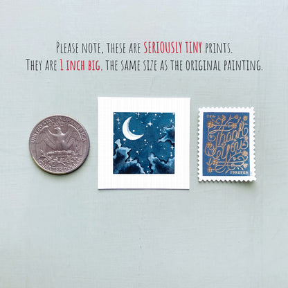 three tiny prints and a coin, all of which are 1 inch in size and are described as "seriously tiny prints" and "the same size as the original painting".