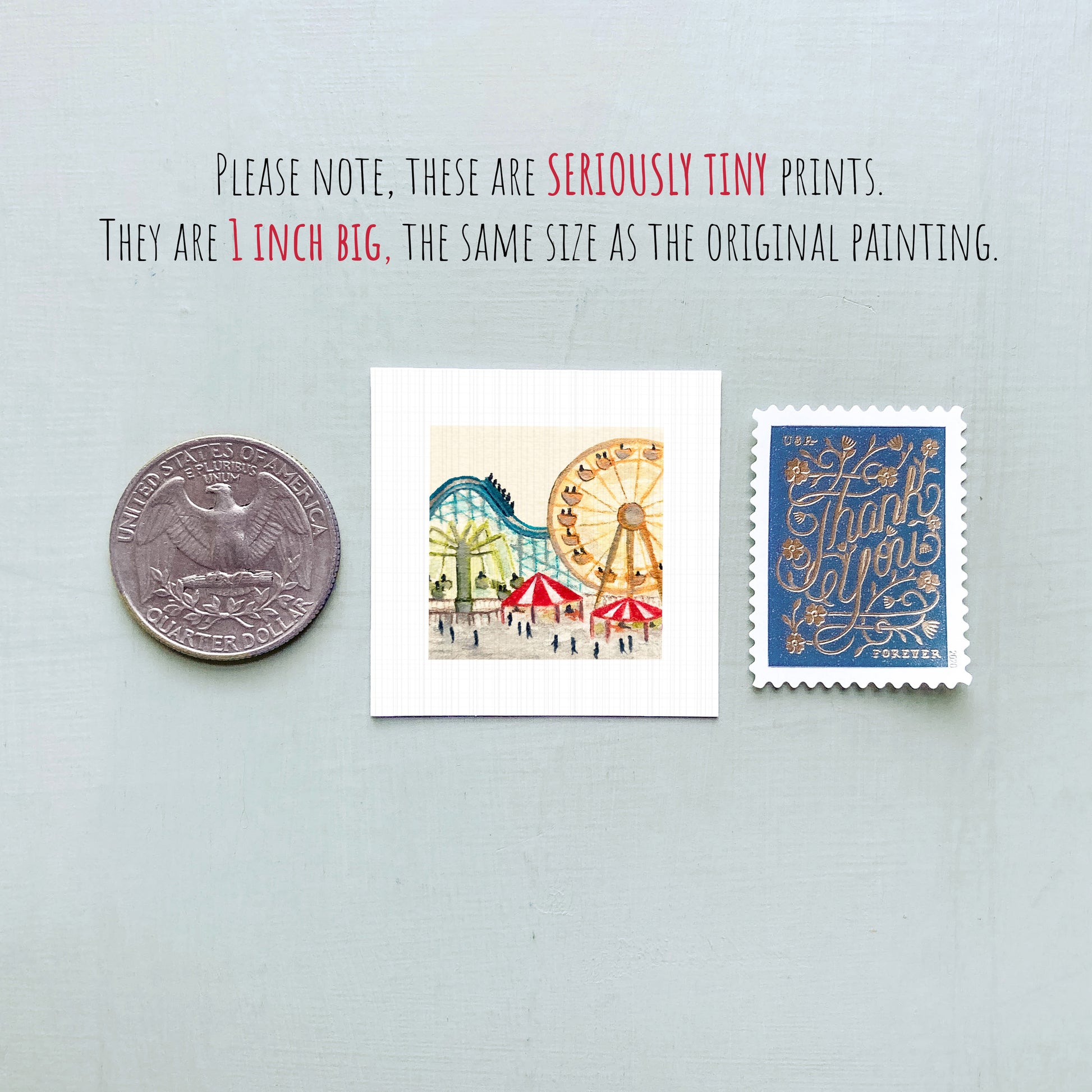 three small prints and a coin, all of which are described as "seriously tiny prints" and "1 inch big," respectively.