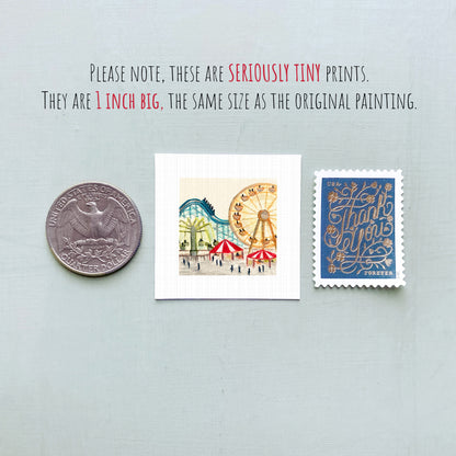 three small prints and a coin, all of which are described as "seriously tiny prints" and "1 inch big," respectively.