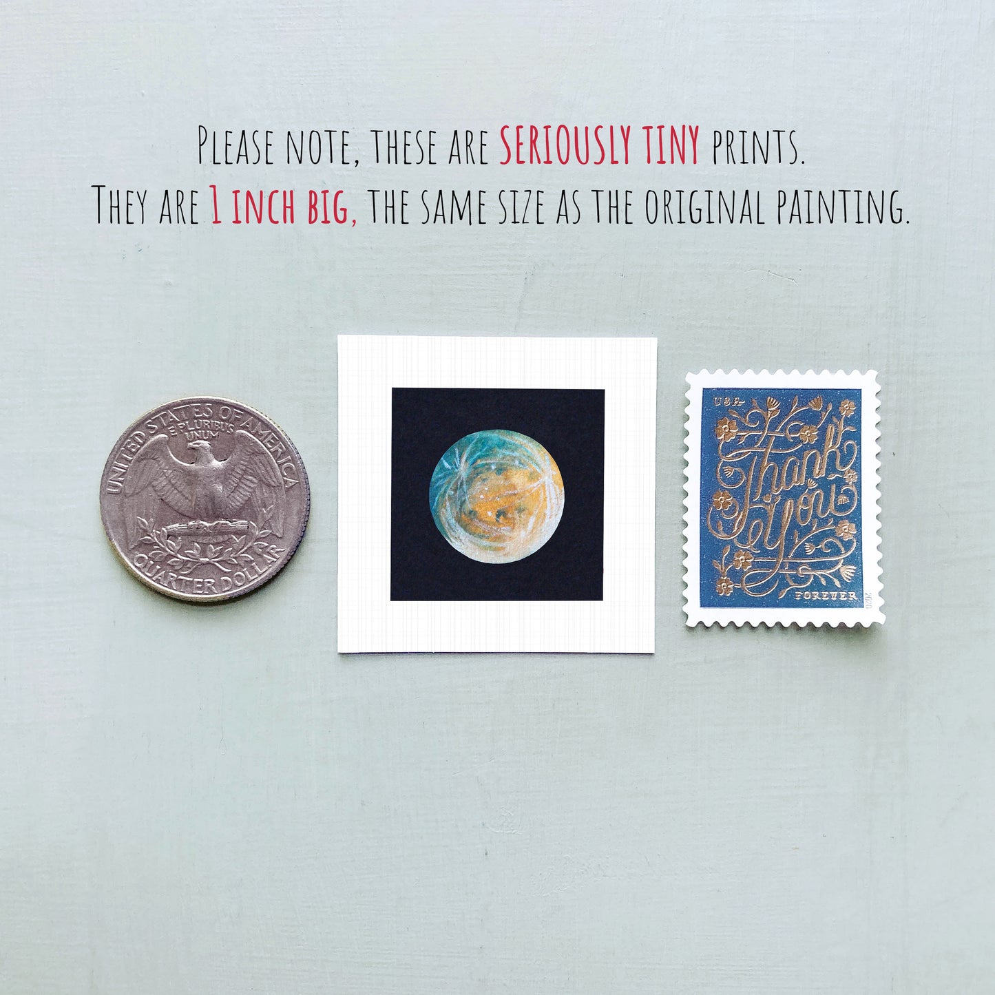 three small prints: a quarter, a square print with a blue background, and a postage stamp.