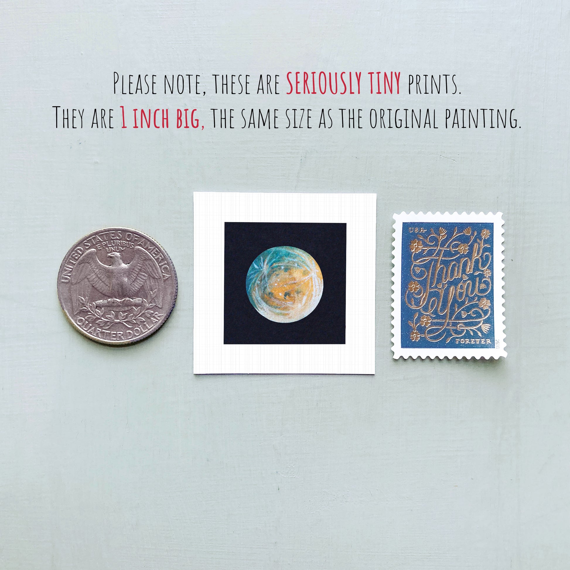 three small prints: a quarter, a square print with a blue background, and a postage stamp.