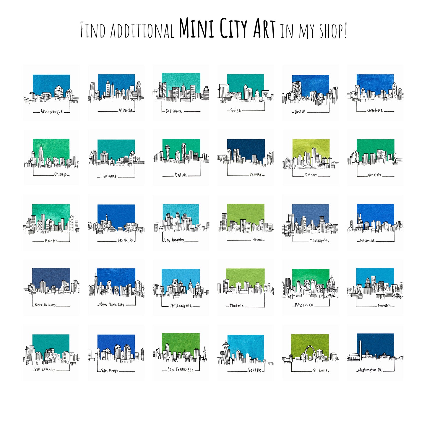 a grid of 24 different city skyline illustrations, each with a unique color scheme and style. The illustrations depict various cities across the United States, including New York, Los Angeles, Chicago, and others. The text at the top of the image reads "Find additional MINI CITY ART in my shop!"