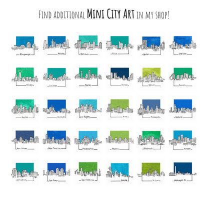 a grid of 24 different city skyline illustrations, each with a unique color scheme and style. The illustrations depict various cities across the United States, including New York, Los Angeles, Chicago, and others. The text at the top of the image reads "Find additional MINI CITY ART in my shop!"