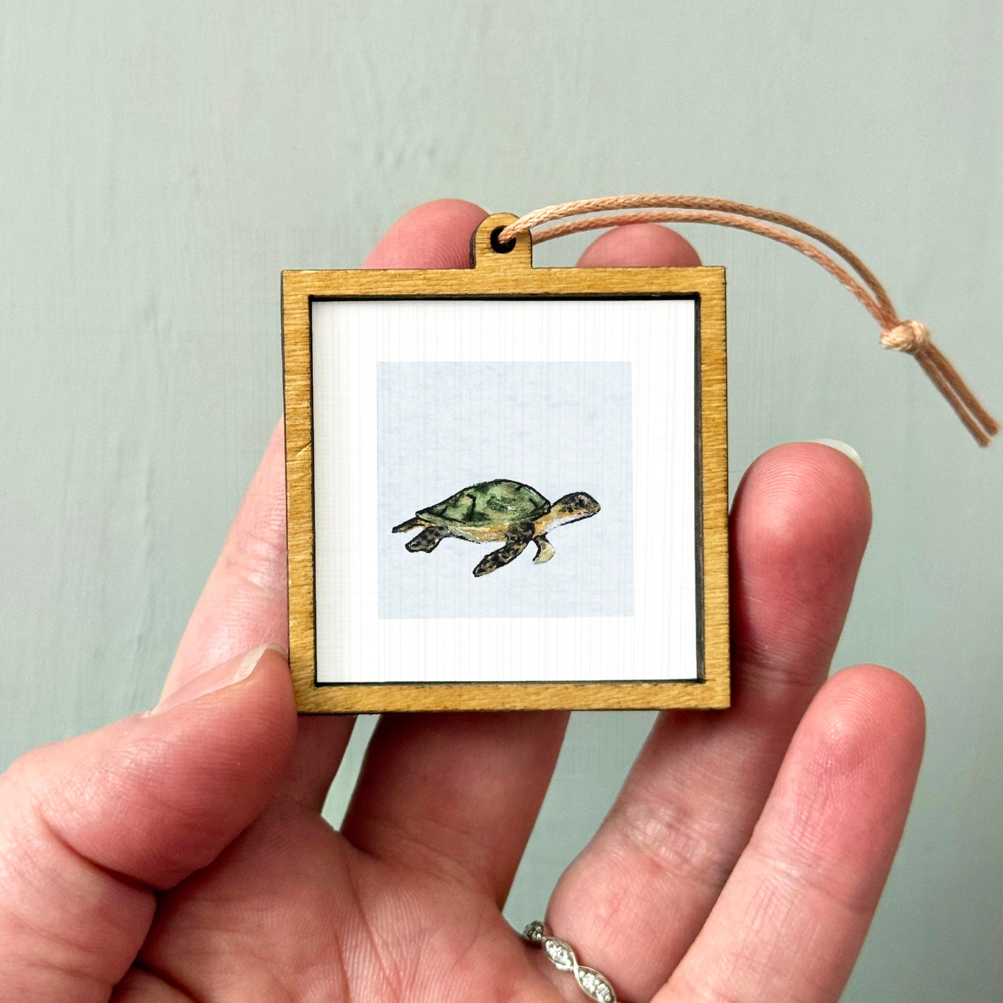 A person's hand holding a small wooden frame containing a picture of a turtle.