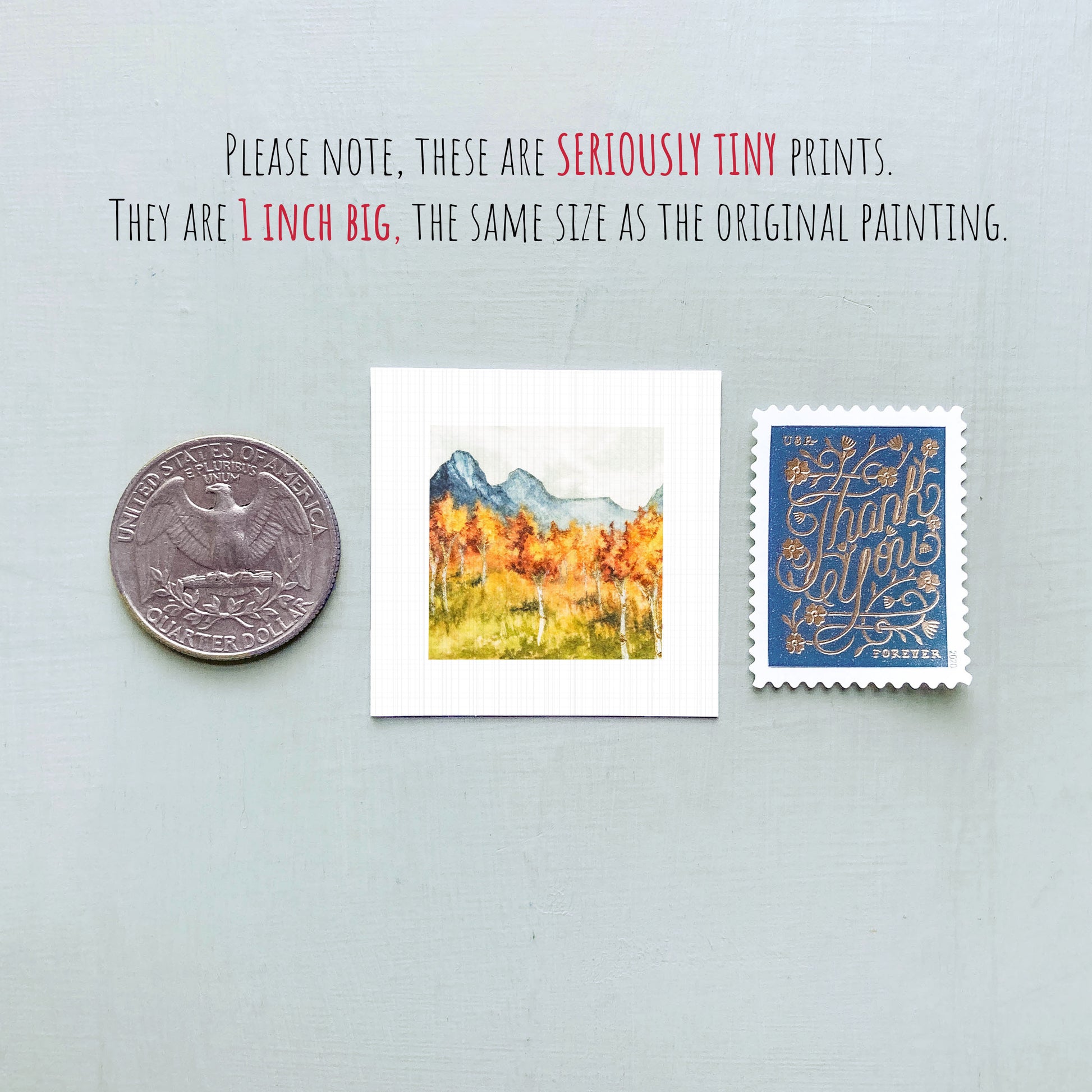 three small artworks or prints, including a coin, a postcard, and a painting, all of which are described as "seriously tiny prints" and "the same size as the original painting".