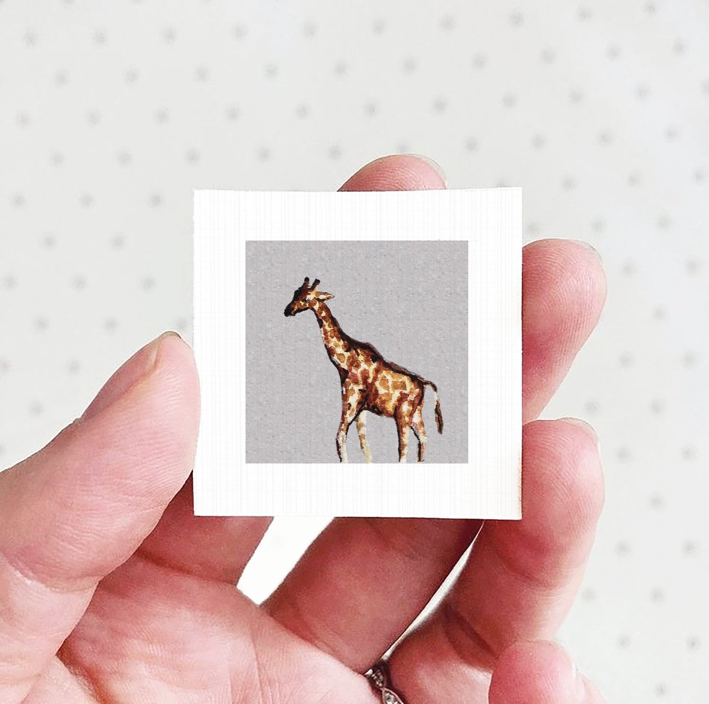 A hand holding a small square photograph of a giraffe against a white background.