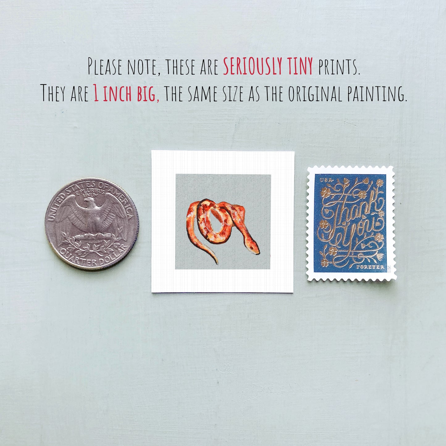 three small prints: a quarter, a square print of a snake, and a postage stamp.