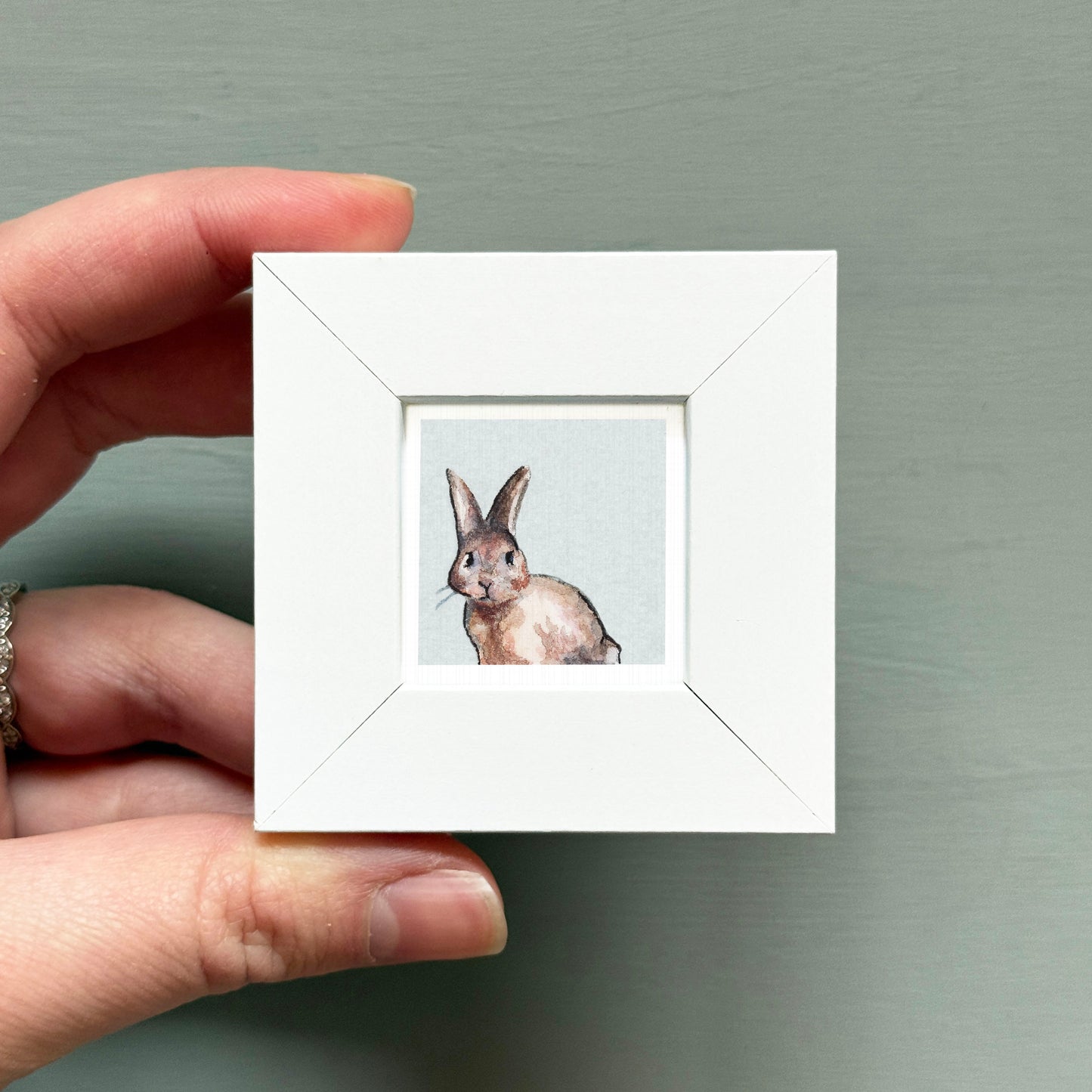 A hand is holding a small white square frame containing a picture of a rabbit.