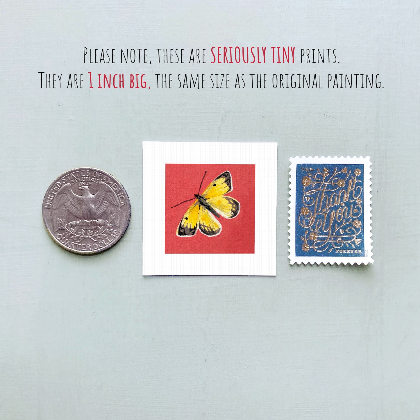 three small items: a silver coin, a red square with a yellow butterfly, and a blue postage stamp.