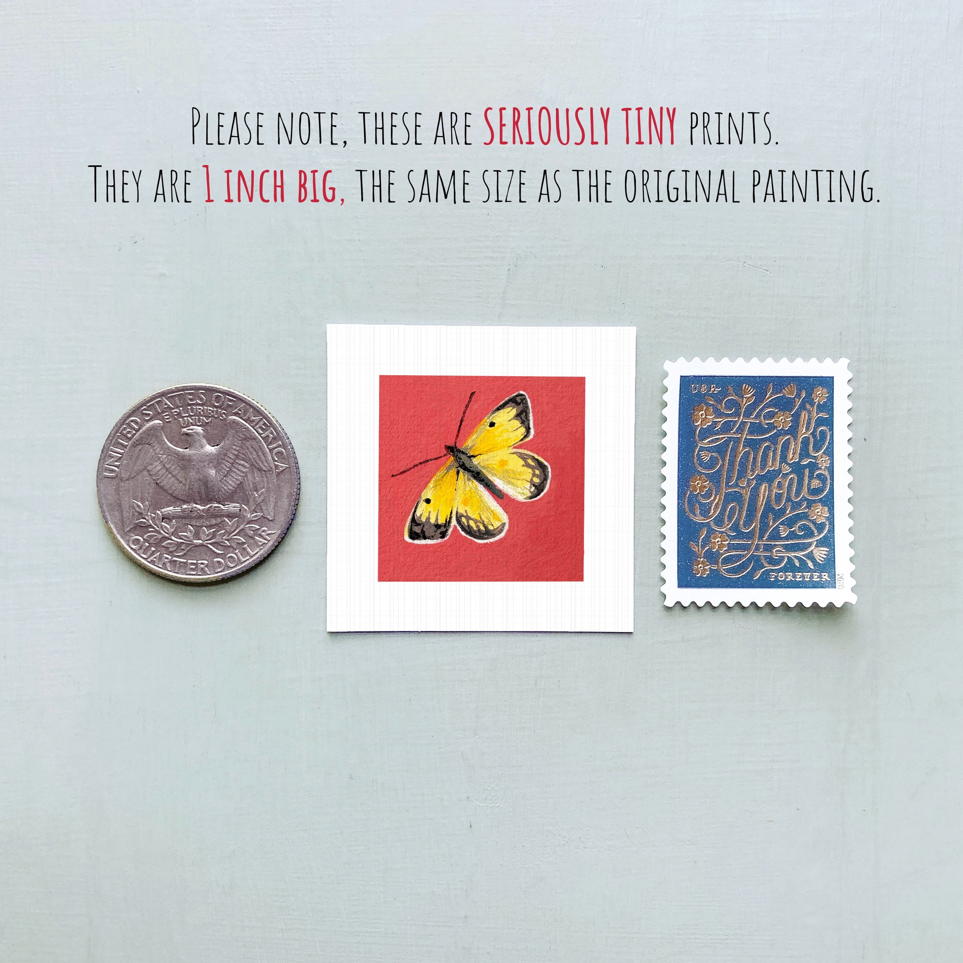 three small items: a silver coin, a red square with a yellow butterfly, and a blue postage stamp.