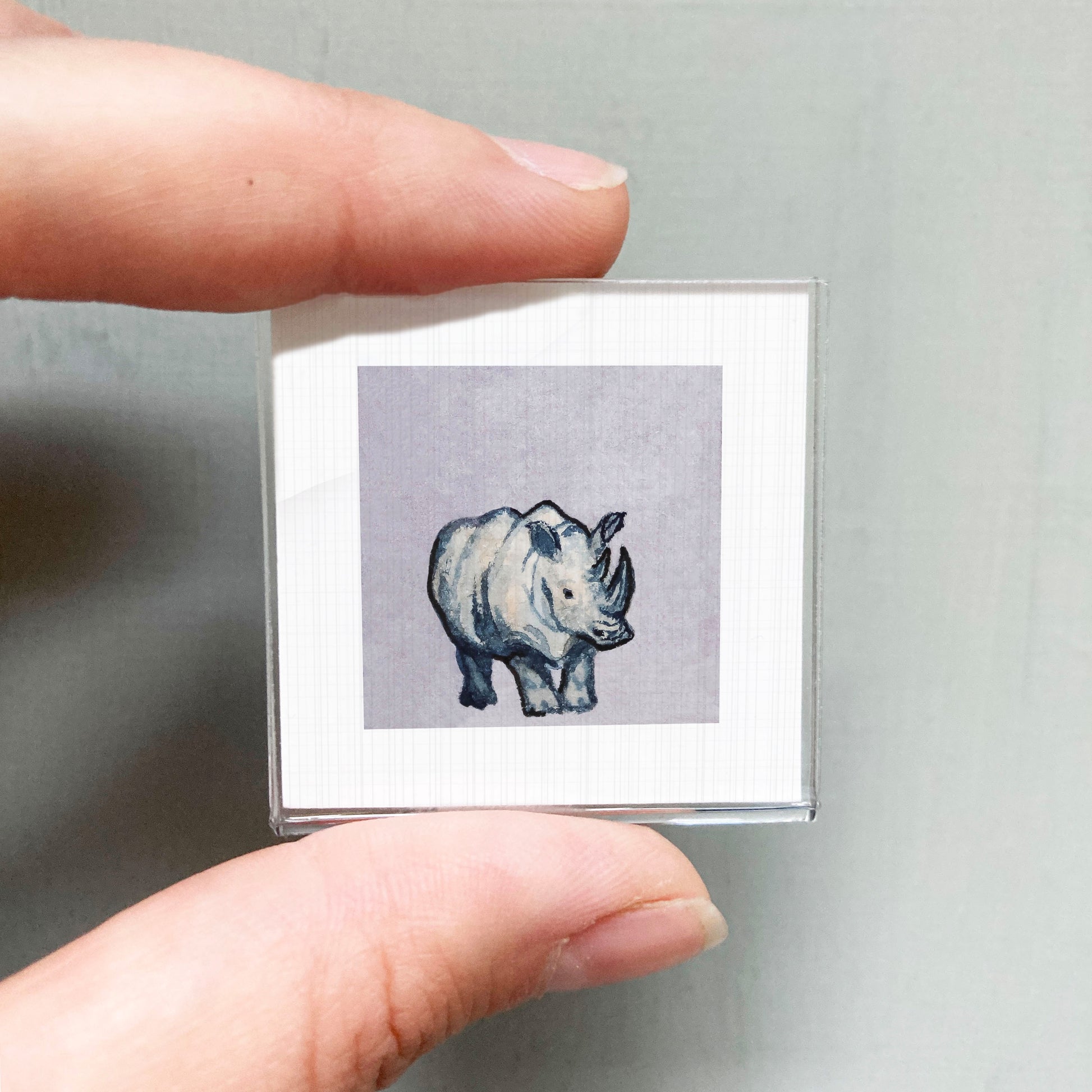 A person's hand is holding a small square picture of a rhinoceros.