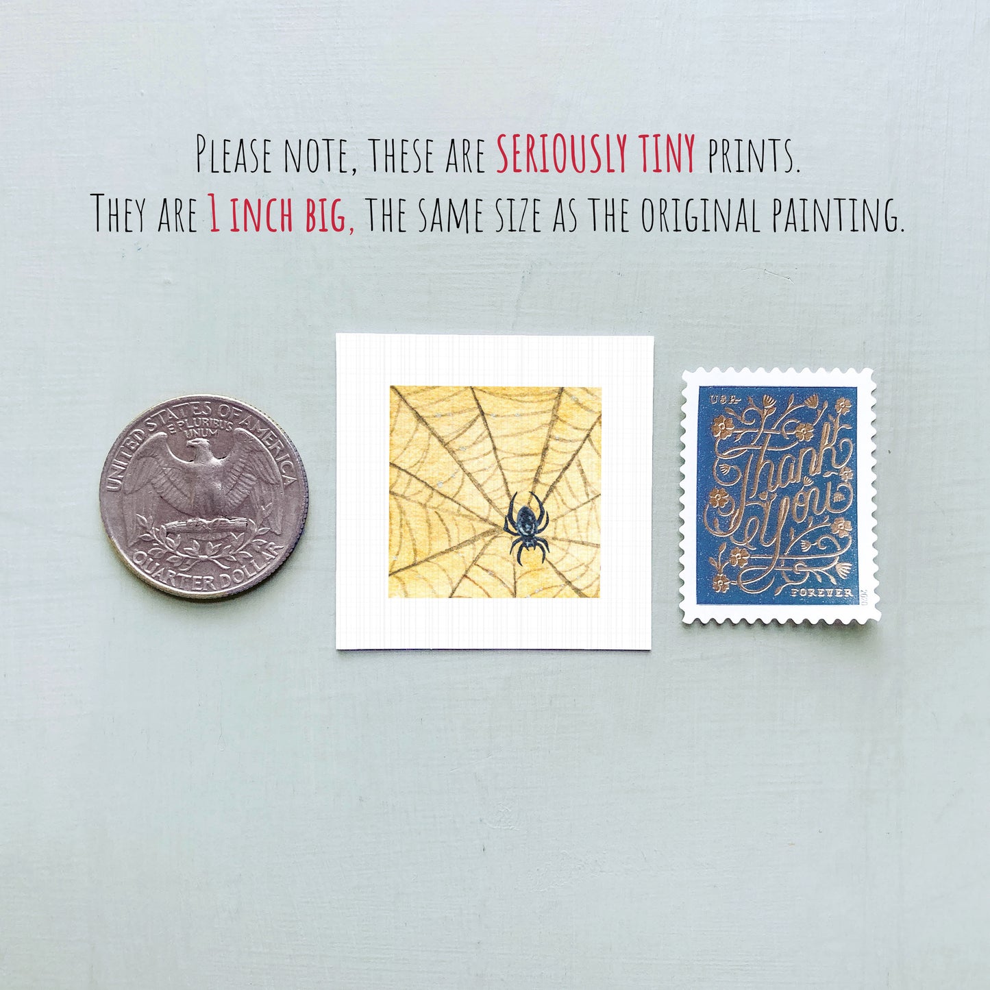 three small prints: a United States quarter, a spider web print, and a postage stamp.
