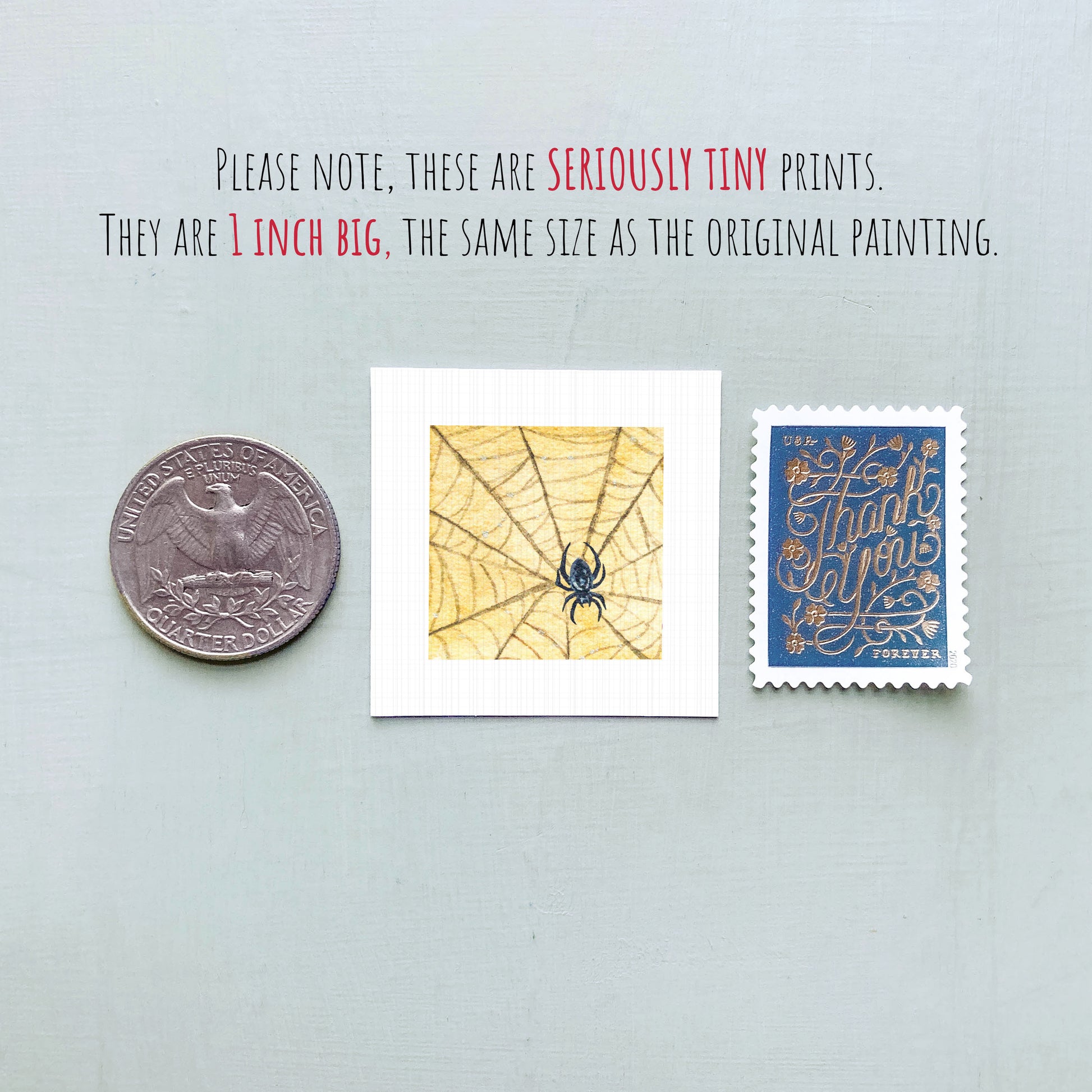 three small prints: a United States quarter, a spider web print, and a postage stamp.
