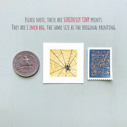 three small prints: a United States quarter, a spider web print, and a postage stamp.