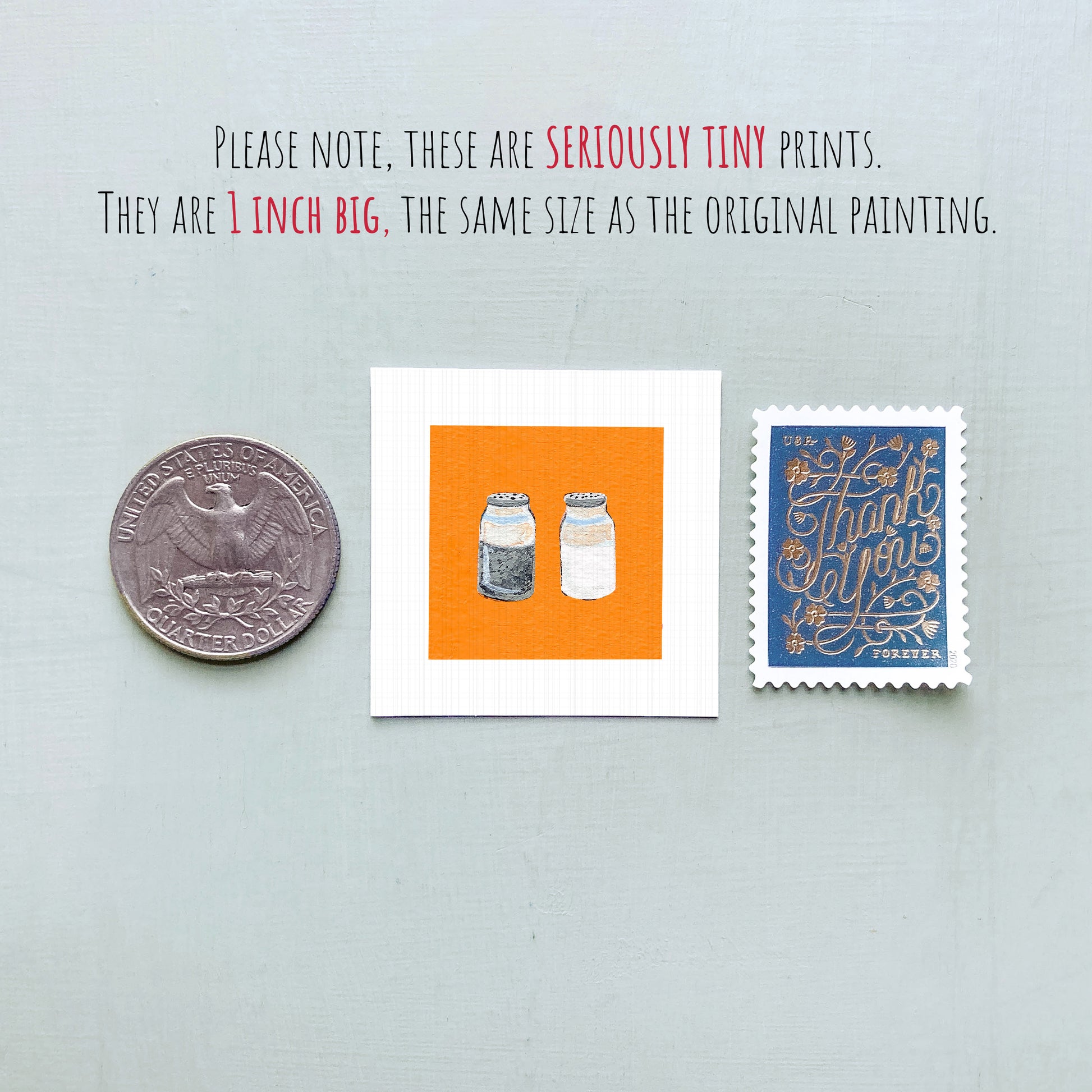 three small items: a quarter, a square with two jars, and a postage stamp.
