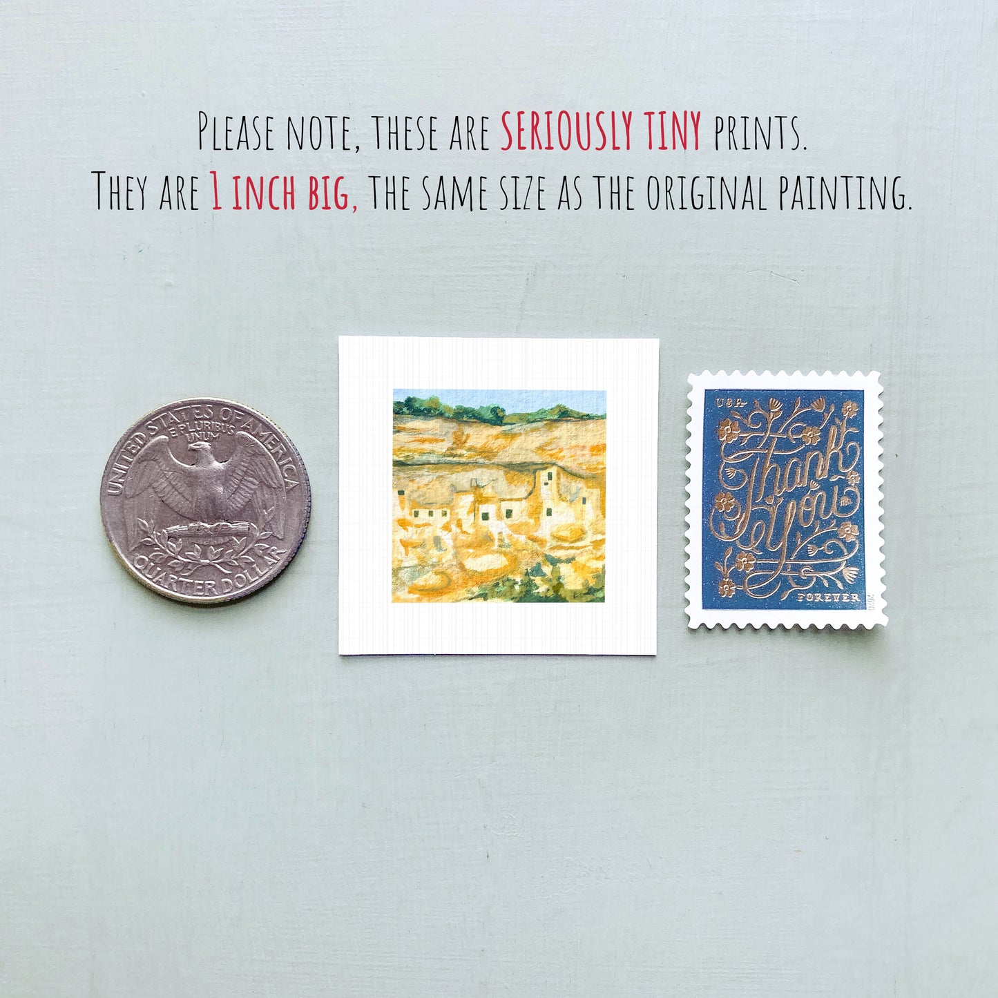 three small prints: a quarter, a postage stamp, and a painting.