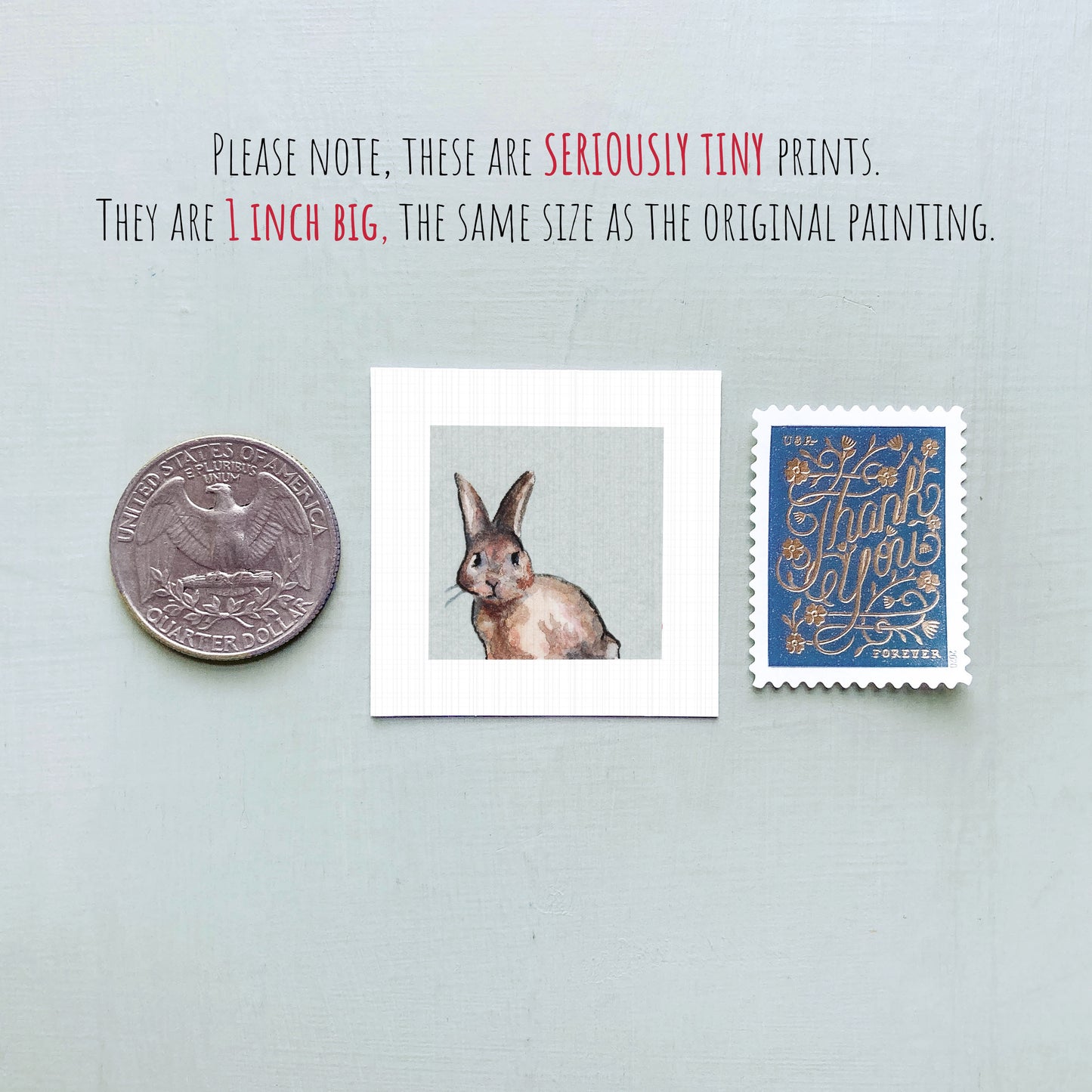 a small rabbit painting, a United States quarter, and a postage stamp.