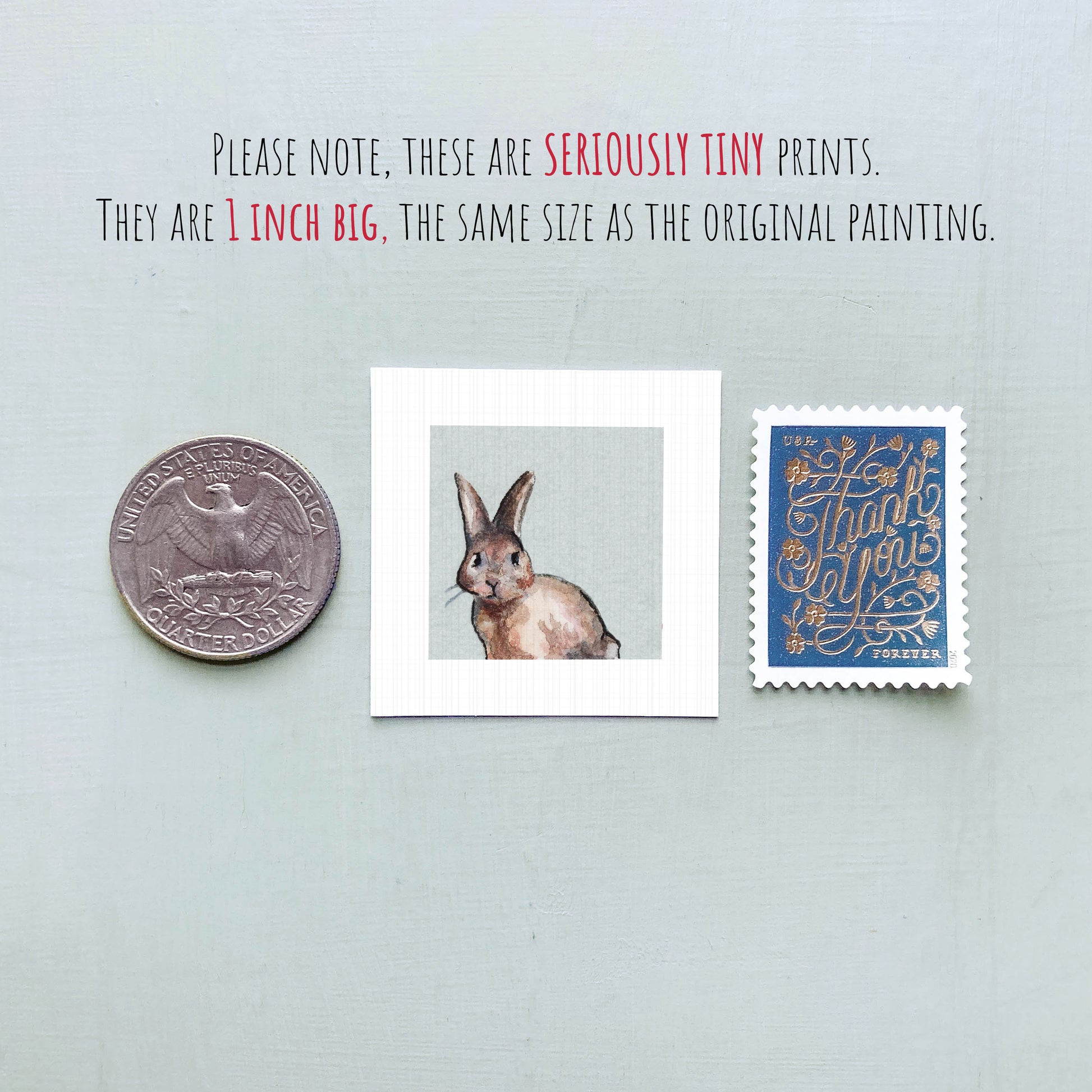 a small rabbit painting, a United States quarter, and a postage stamp.