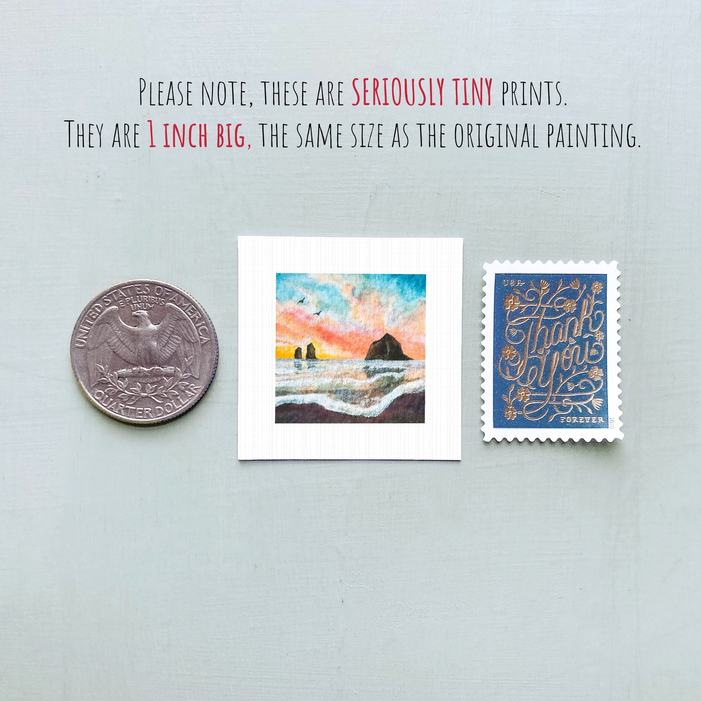 three small art prints and a United States quarter coin, all of which are 1 inch in size, and are described as "seriously tiny prints" and "the same size as the original painting".