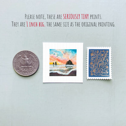 three small art prints and a United States quarter coin, all of which are 1 inch in size, and are described as "seriously tiny prints" and "the same size as the original painting".