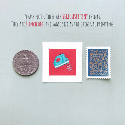 three small items: a quarter, a red square with a blue iron, and a blue postage stamp.