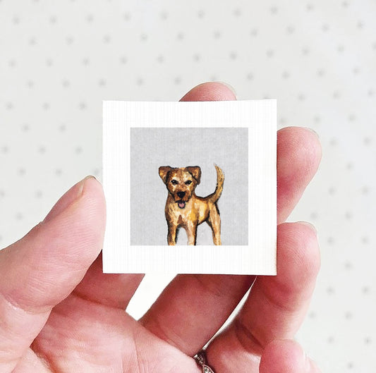 A hand holding a small square picture of a dog.