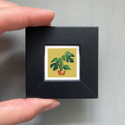 A person's hand holding a small black frame containing a framed illustration of a potted plant with green leaves.