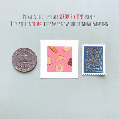 three small prints: a United States quarter, a pink square with pastries, and a blue postage stamp with a floral design.
