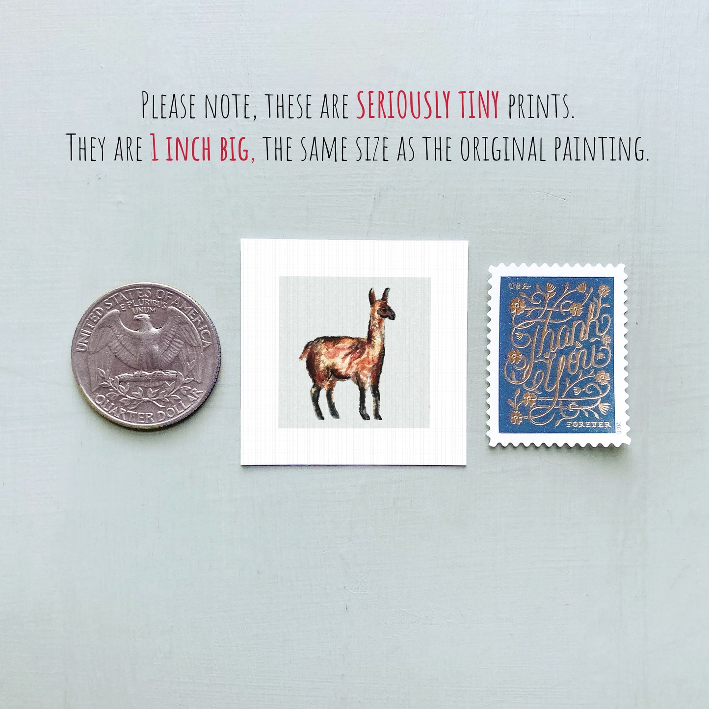 a collection of three small items: a quarter, a square print of a llama, and a postage stamp.