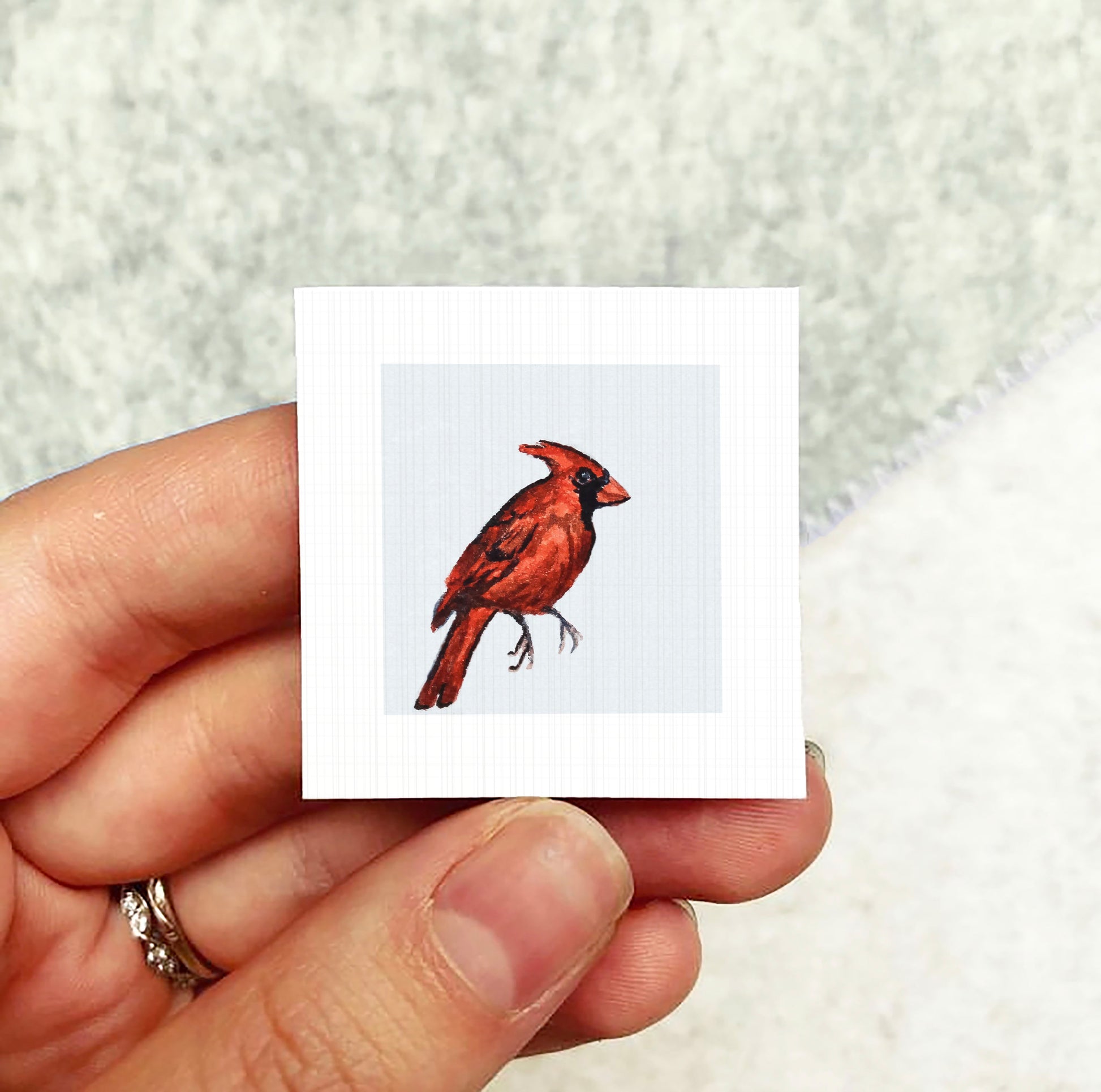 A person's hand holding a small square card with a red cardinal bird image on it.