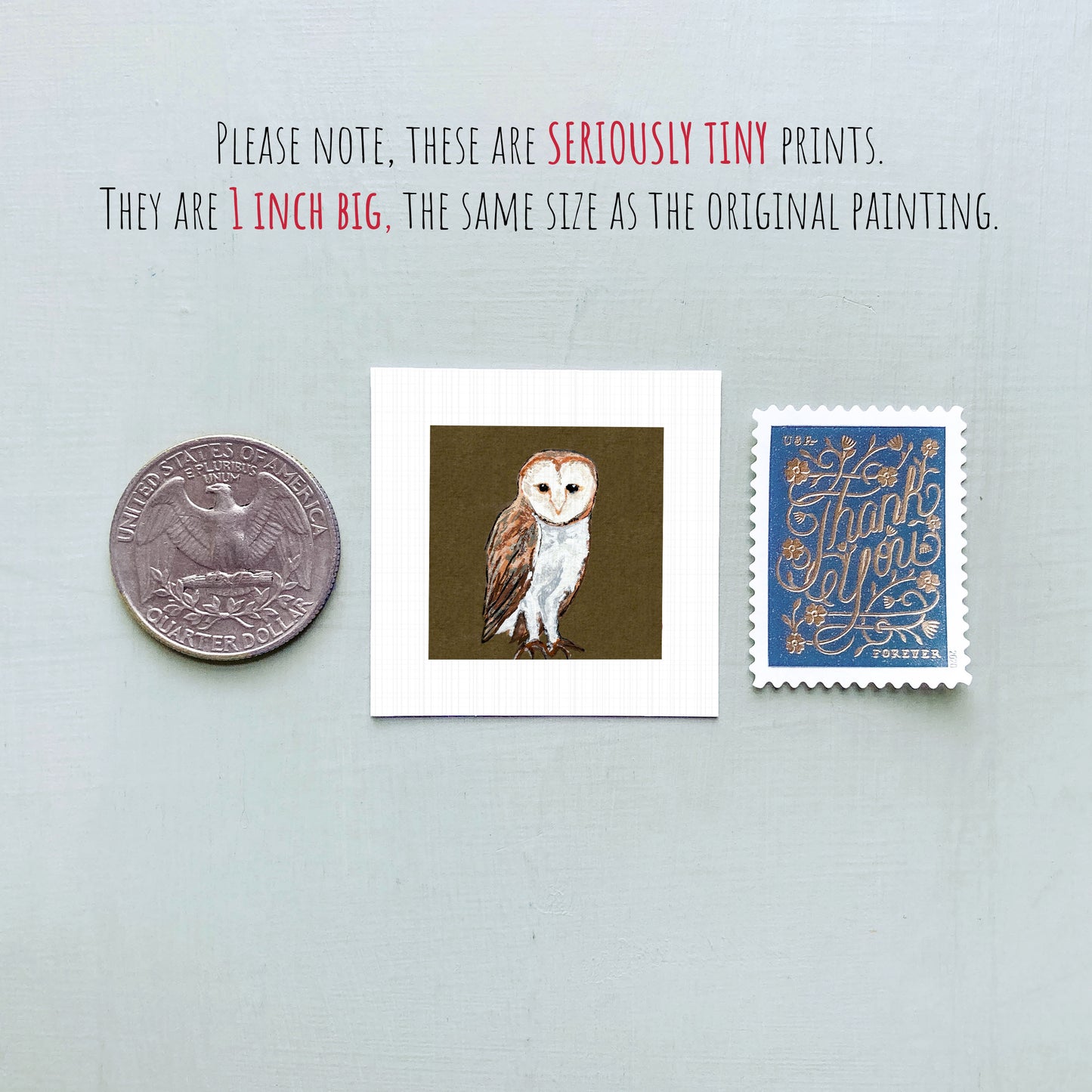 a collection of three small items: a quarter, a square print of an owl, and a postage stamp.
