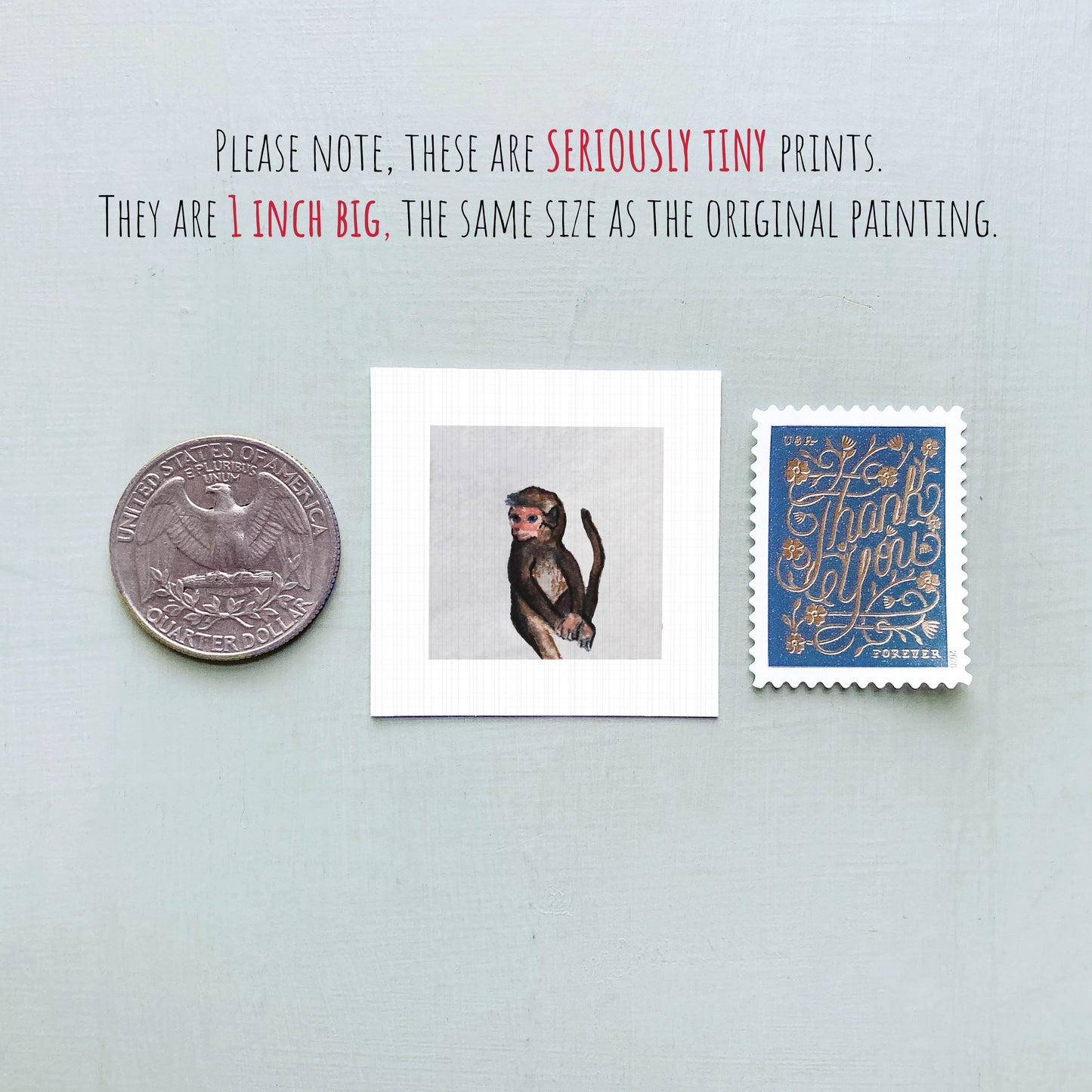 a collection of three small items: a quarter, a framed print of a monkey, and a postage stamp.
