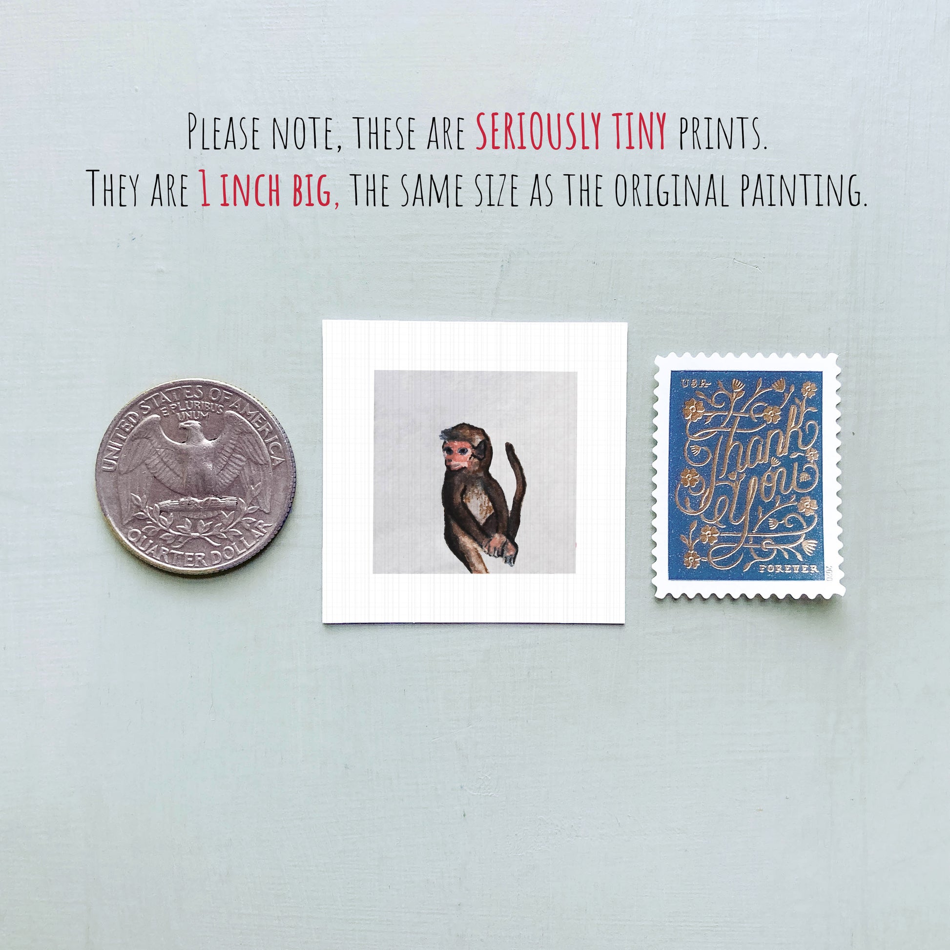 a collection of three small items: a quarter, a framed print of a monkey, and a postage stamp.