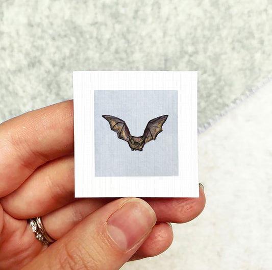 A person's hand holding a small square picture of a bat.
