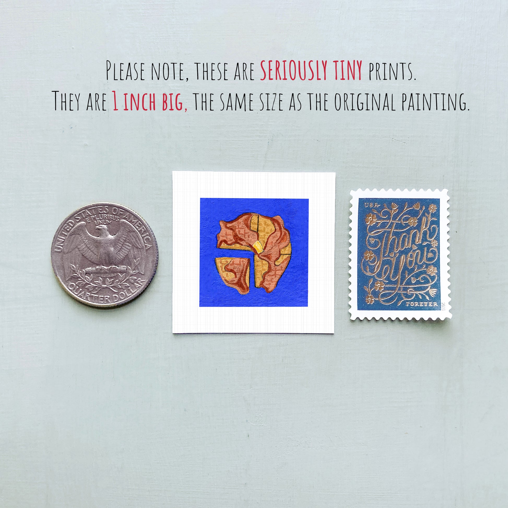 three small artworks: a quarter, a square with a blue background, and a postage stamp.