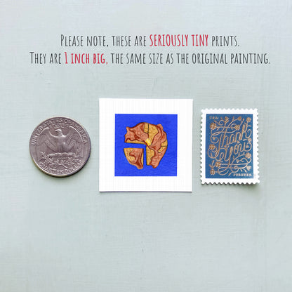 three small artworks: a quarter, a square with a blue background, and a postage stamp.