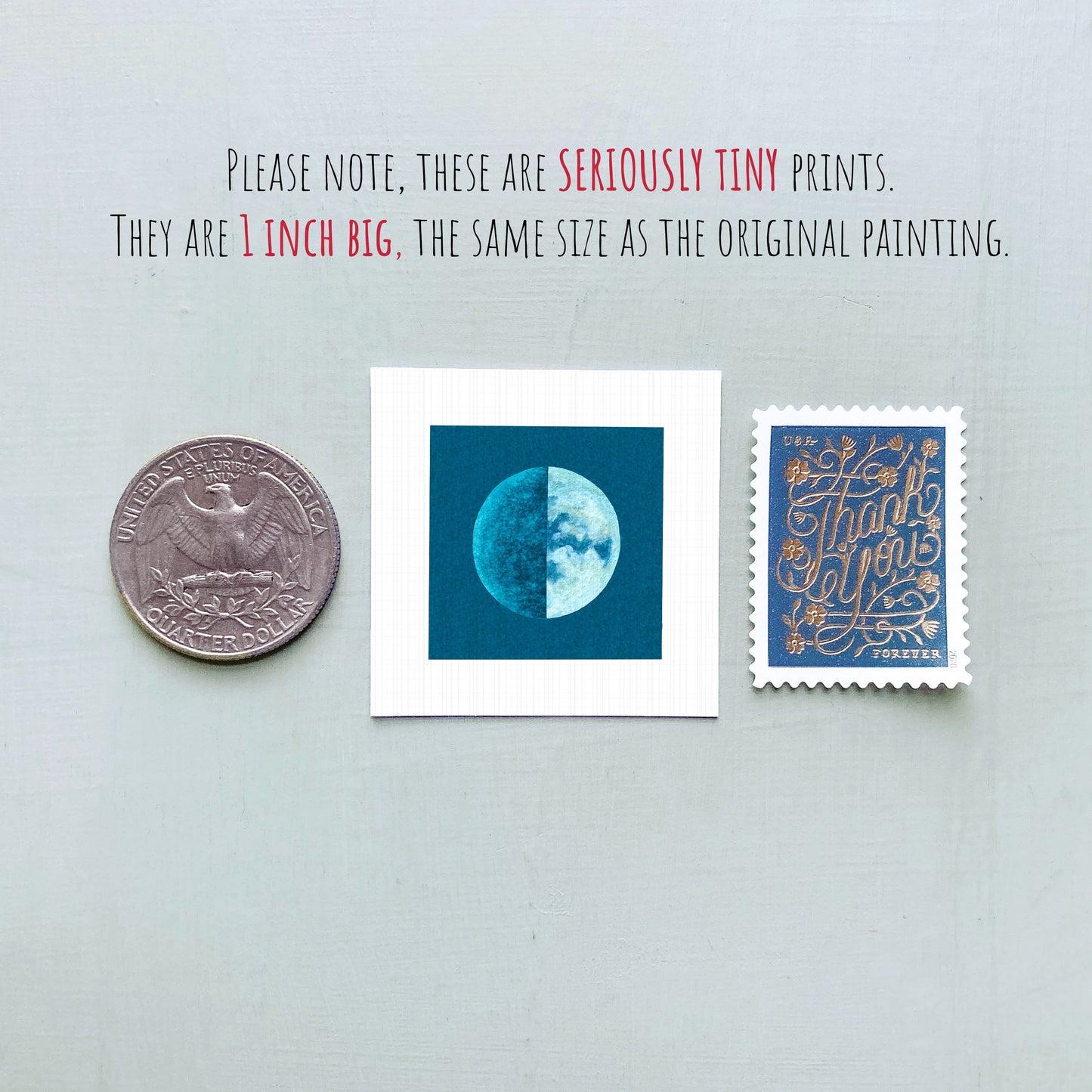 three small prints: a quarter, a square print with a moon and a crescent moon, and a postage stamp.