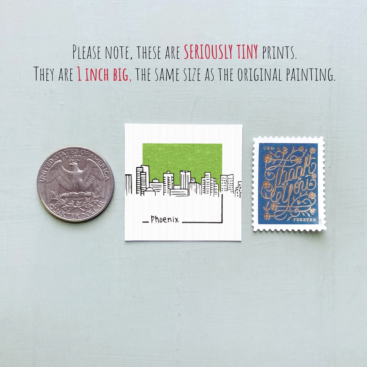 a collection of three small items: a quarter, a Phoenix-themed square, and a postage stamp.
