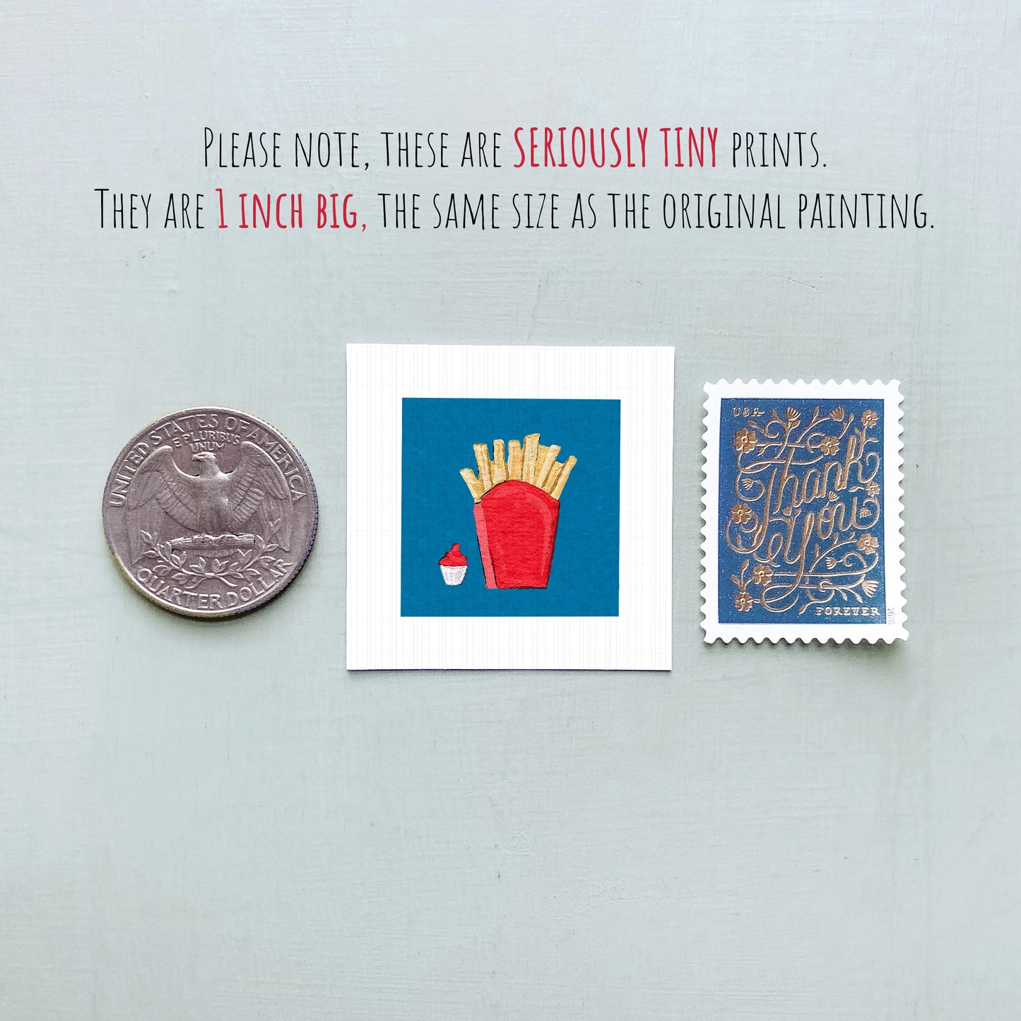 three small prints: a United States quarter, a red and yellow french fry print, and a blue postage stamp with gold lettering.