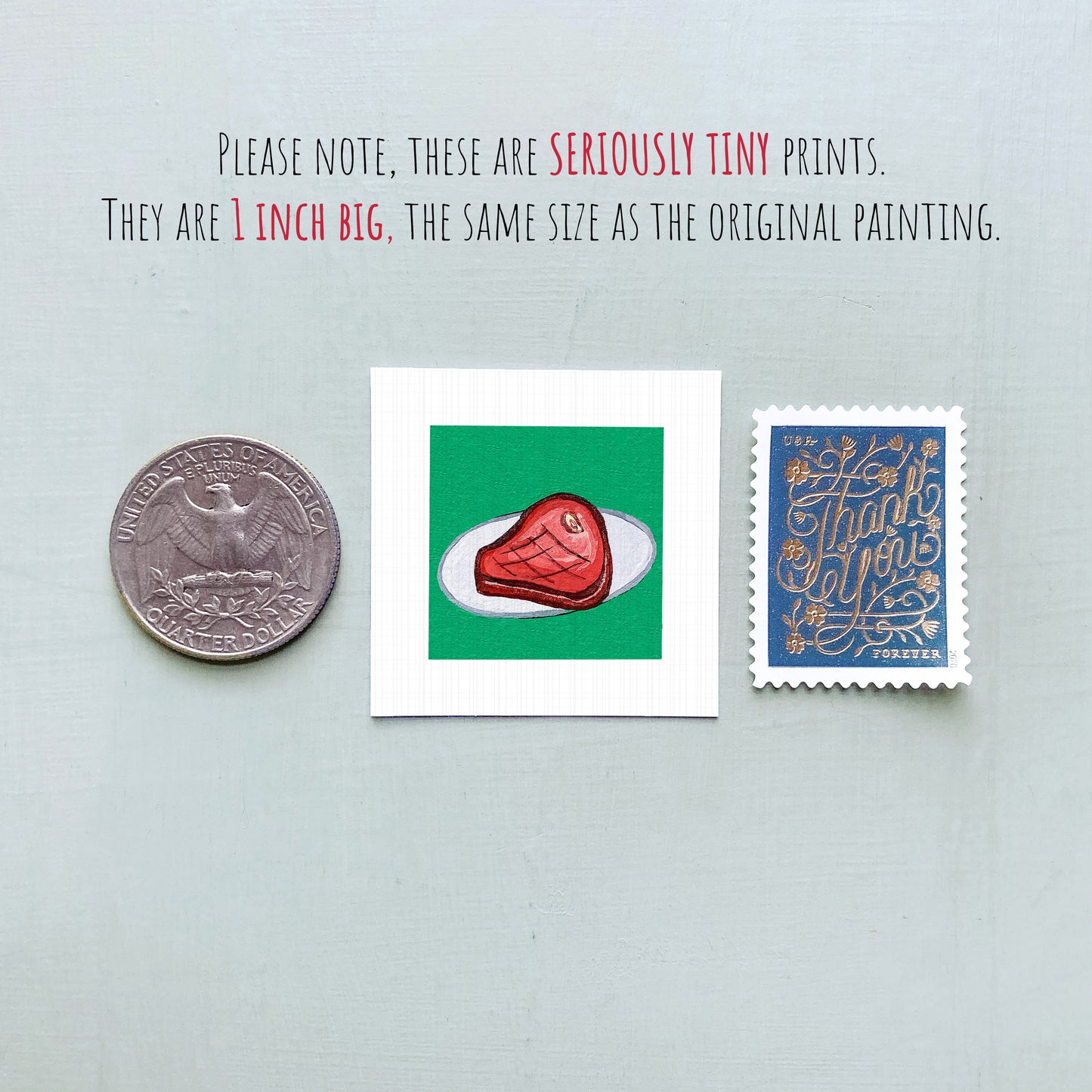 three small items: a quarter, a square with a red meat illustration, and a postage stamp.