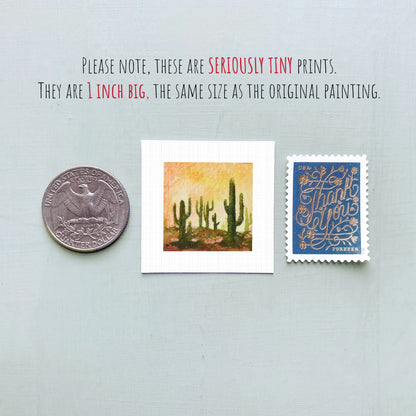 three small prints: a quarter, a painting of cacti, and a postage stamp.
